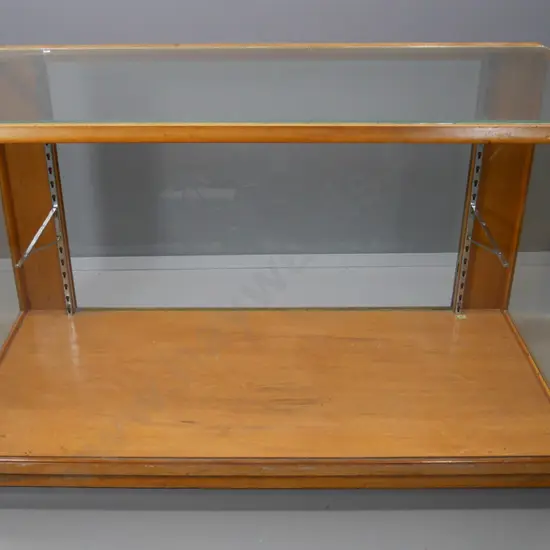 vintage shop display cabinet with glass top & sides, shelf brackets, no shelf or door, damage to beading H920 W1500 D740