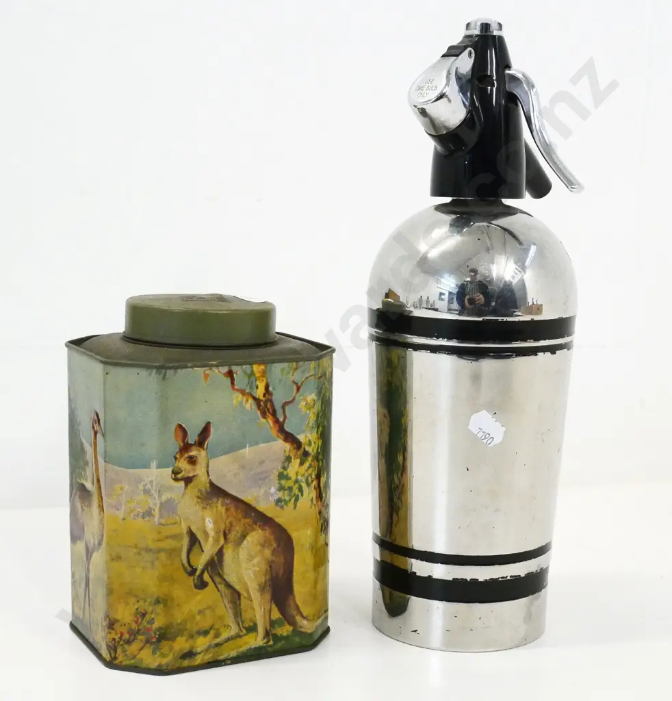 vintage Bushells tea caddy tin with Australian animals and a retro chrome and black soda syphon Image 1++