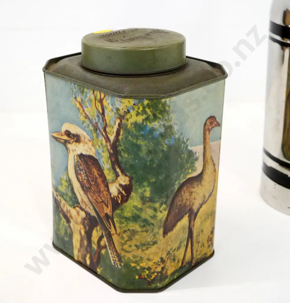 vintage Bushells tea caddy tin with Australian animals and a retro chrome and black soda syphon Image 1++