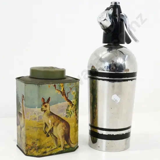 vintage Bushells tea caddy tin with Australian animals and a retro chrome and black soda syphon