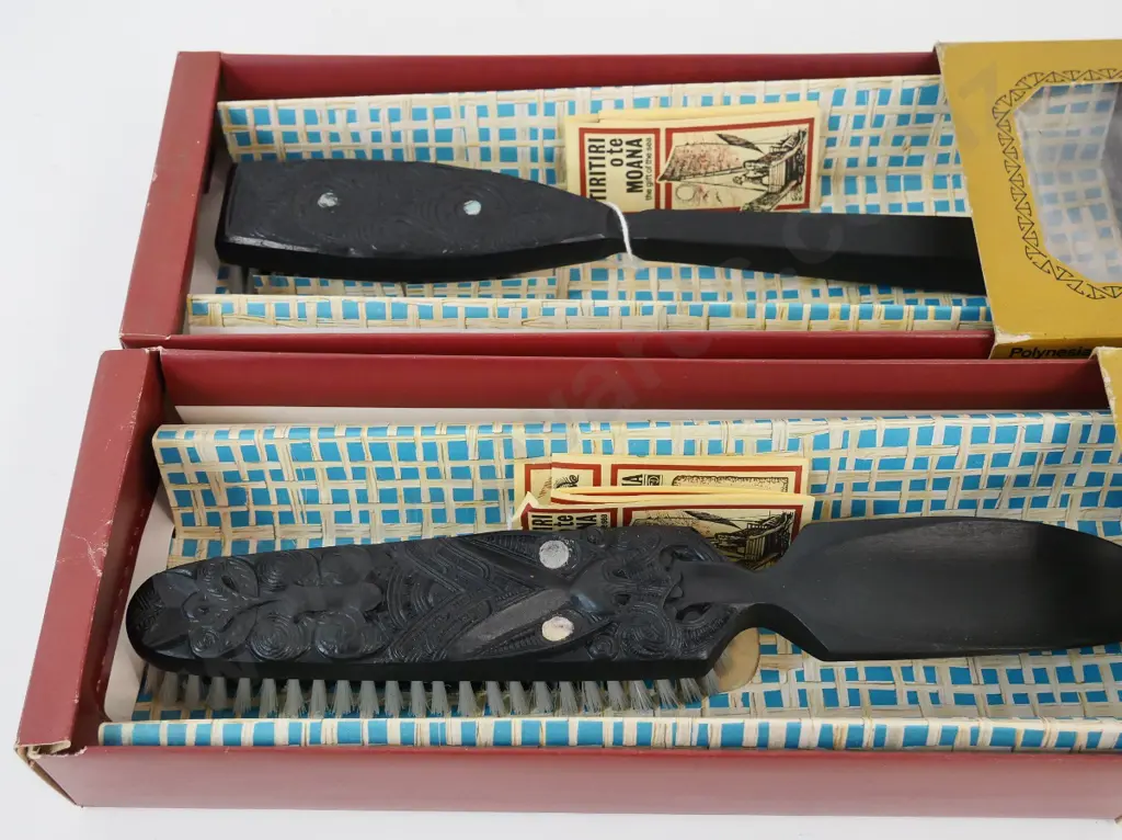 2 boxed Mana brand Polynesian design souvenir brushes, made in NZ - composite with paua inset eyes. Box L-370 Image 1++