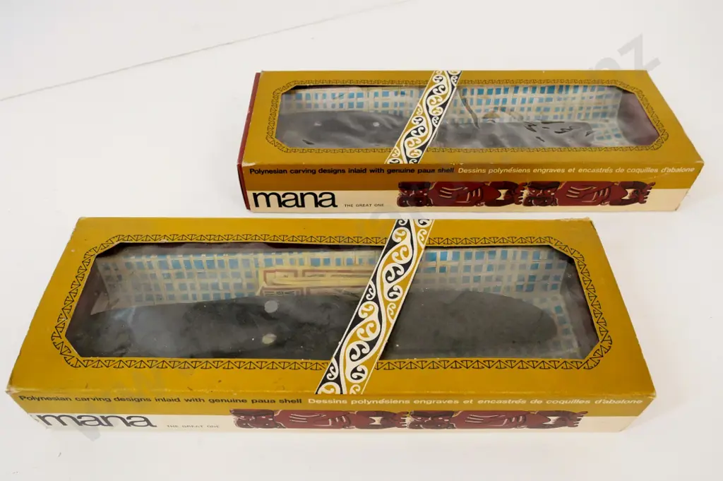 2 boxed Mana brand Polynesian design souvenir brushes, made in NZ - composite with paua inset eyes. Box L-370 Image 1++