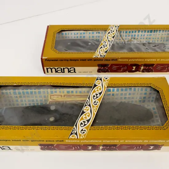 2 boxed Mana brand Polynesian design souvenir brushes, made in NZ - composite with paua inset eyes. Box L-370