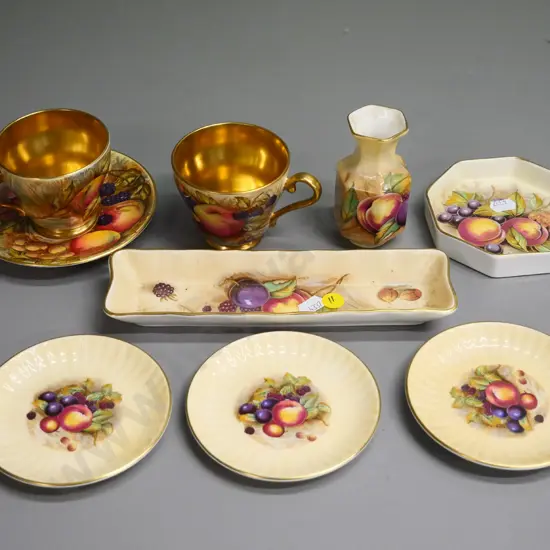 Aynsley Orchard Gold china items - gilded coffee cup & saucer and spare cup, 4 pin dishes, mint dish, small vase,
