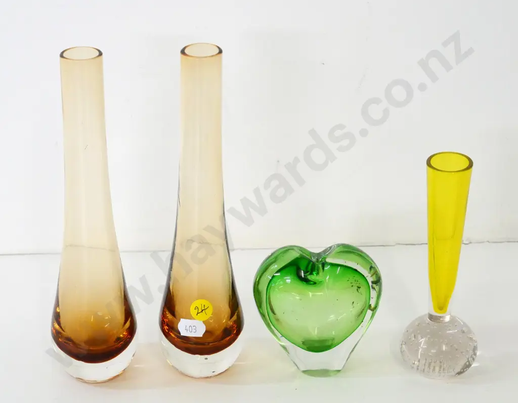 4 coloured glass vases - pair of amber and clear H-220, small green heart-shaped, and yellow bubble-base Image 1++