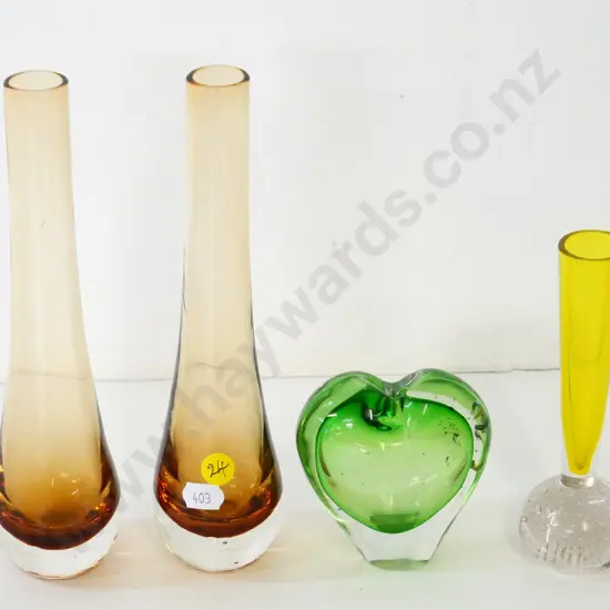 4 coloured glass vases - pair of amber and clear H-220, small green heart-shaped, and yellow bubble-base