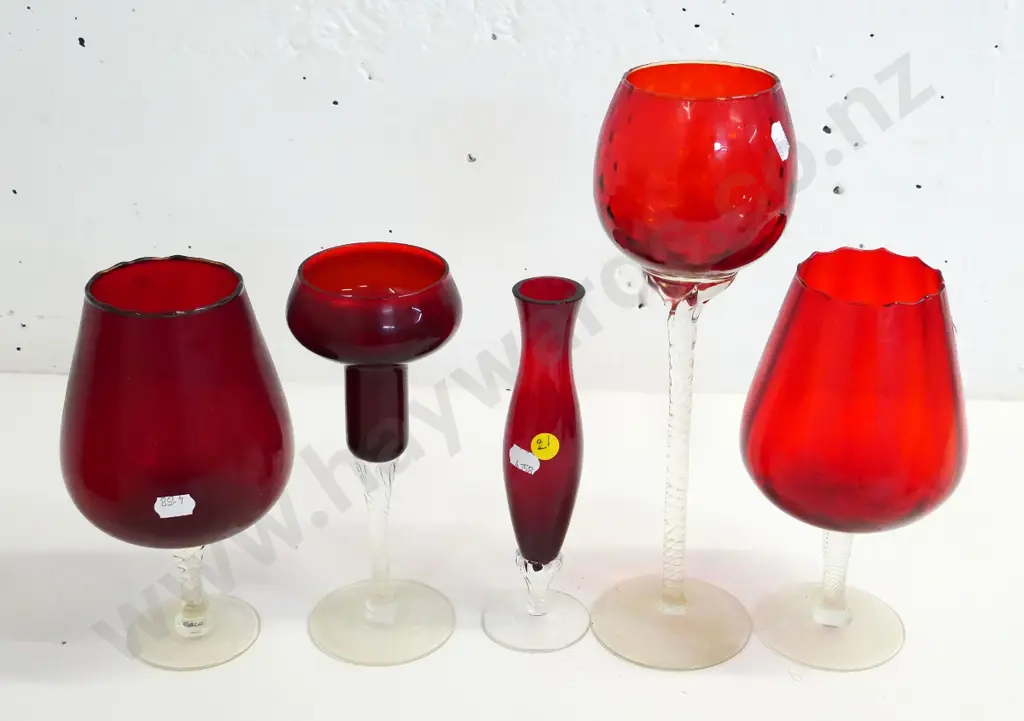 5 clear-stemmed red glass vases - various shapes, tallest goblet is H-300 Image 1++
