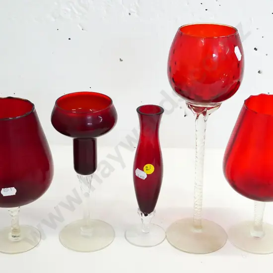 5 clear-stemmed red glass vases - various shapes, tallest goblet is H-300