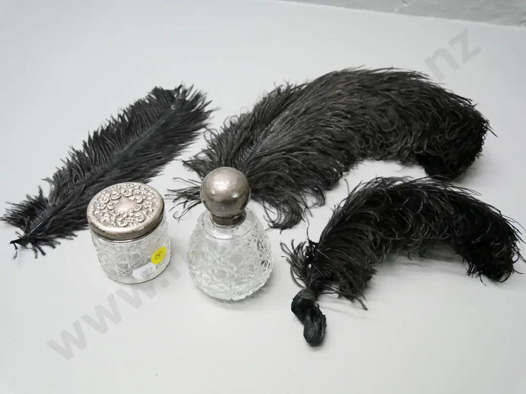 2 sterling topped hobnail glass dressing table bottles and 3 black ostrich feathers. Taller bottle H-100 Image 1++