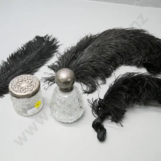 2 sterling topped hobnail glass dressing table bottles and 3 black ostrich feathers. Taller bottle H-100