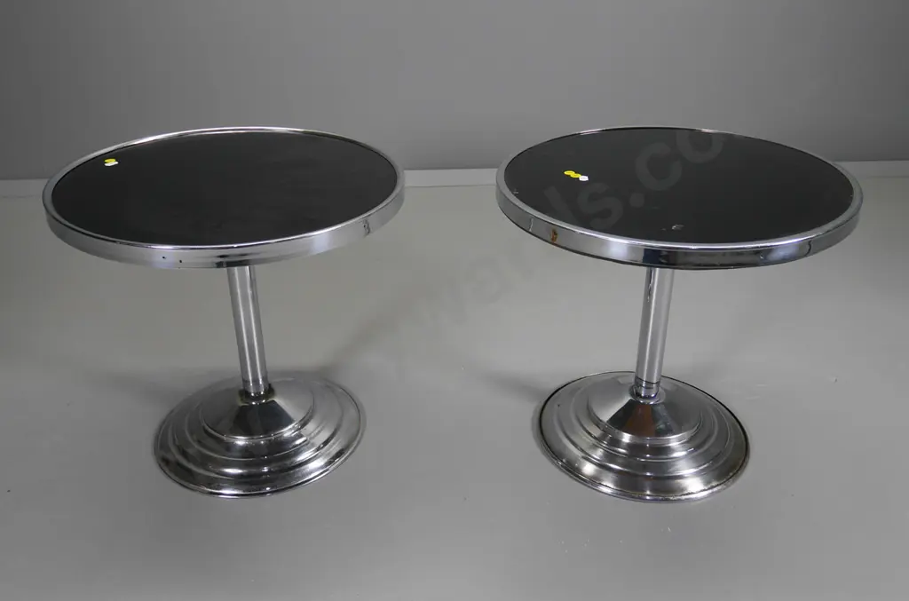 pair of retro round side tables with chrome pedestal base and black glass top - some pitting to chrome H420 Diameter 450 Image 1++