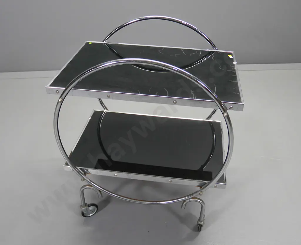 retro chrome hoop framed tea trolley with black glass shelves - some delamination to glass H-750 L-610 W-440 Image 1++