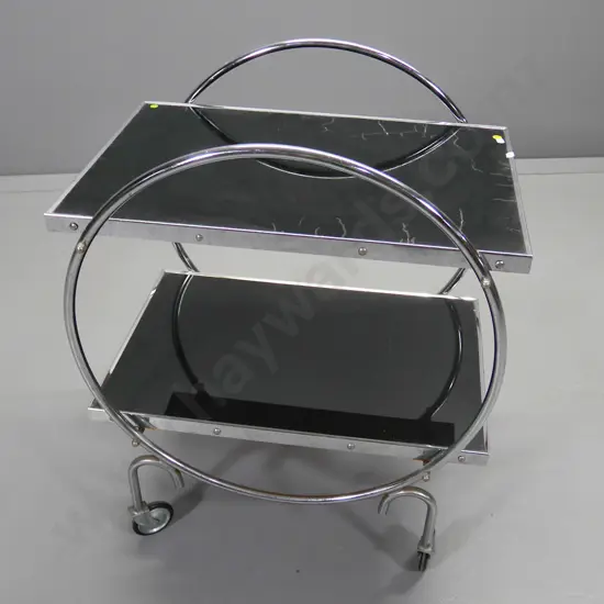 retro chrome hoop framed tea trolley with black glass shelves - some delamination to glass H-750 L-610 W-440