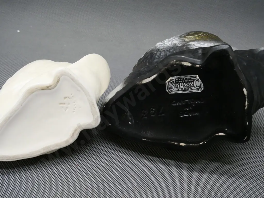 2 swan vases - small Crown Lynn with incised mark & some crazing on base, and a Sylvac black and silver No 793 H-150 Image 1++