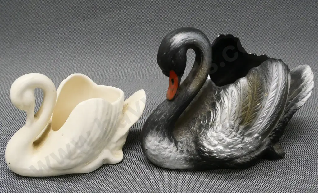 2 swan vases - small Crown Lynn with incised mark & some crazing on base, and a Sylvac black and silver No 793 H-150 Image 1++