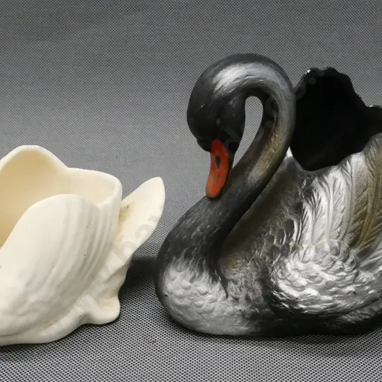 2 swan vases - small Crown Lynn with incised mark & some crazing on base, and a Sylvac black and silver No 793 H-150