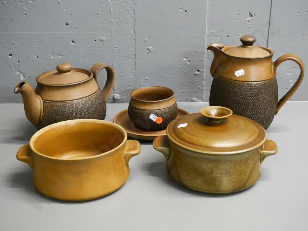 3 pieces Denby textured brown ware - teapot, coffee pot, sugar bowl & saucer - and 2 Temuka dishes, one missing lid Image 1++