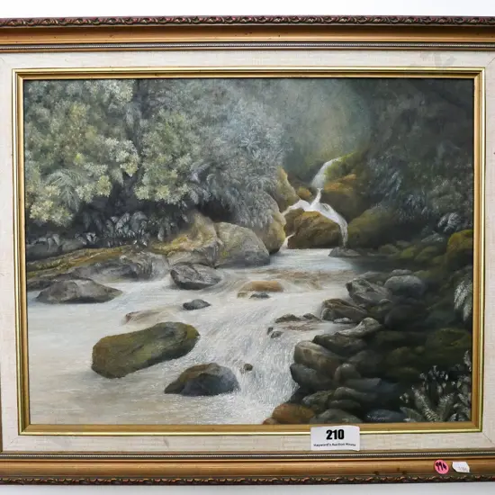 D Newman - framed oil - Mackay Falls, Milford Track H-340 W-440