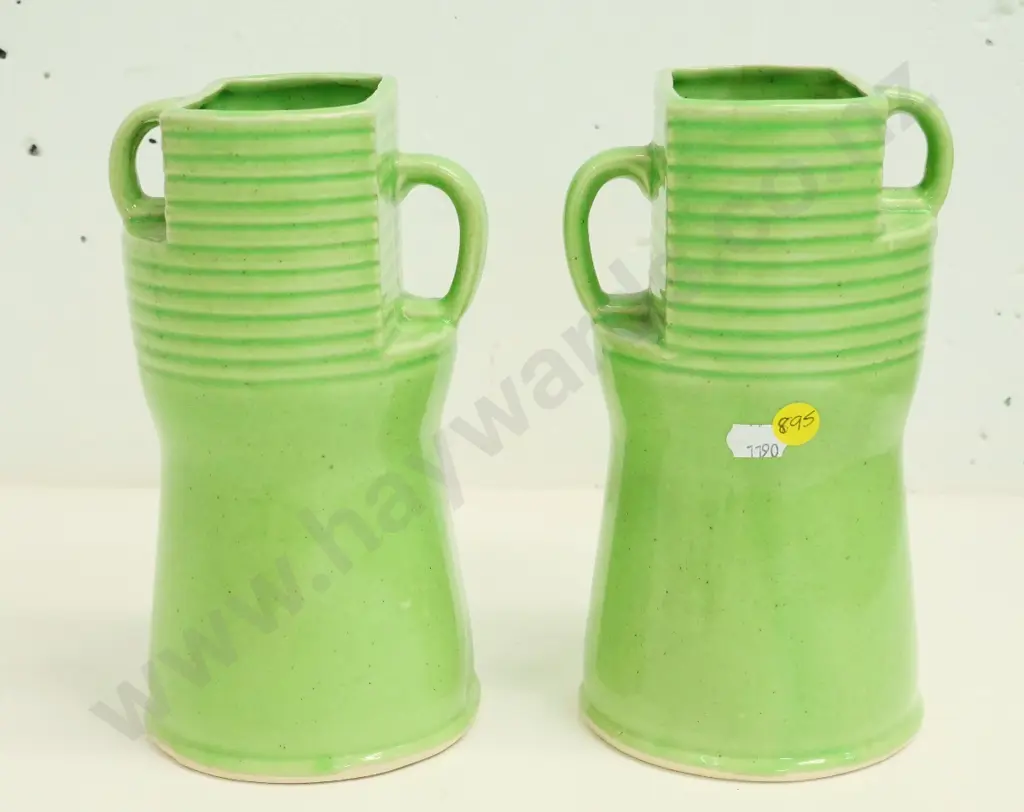 pair of green deco style vases, no maker's marks, H-210 Image 1++