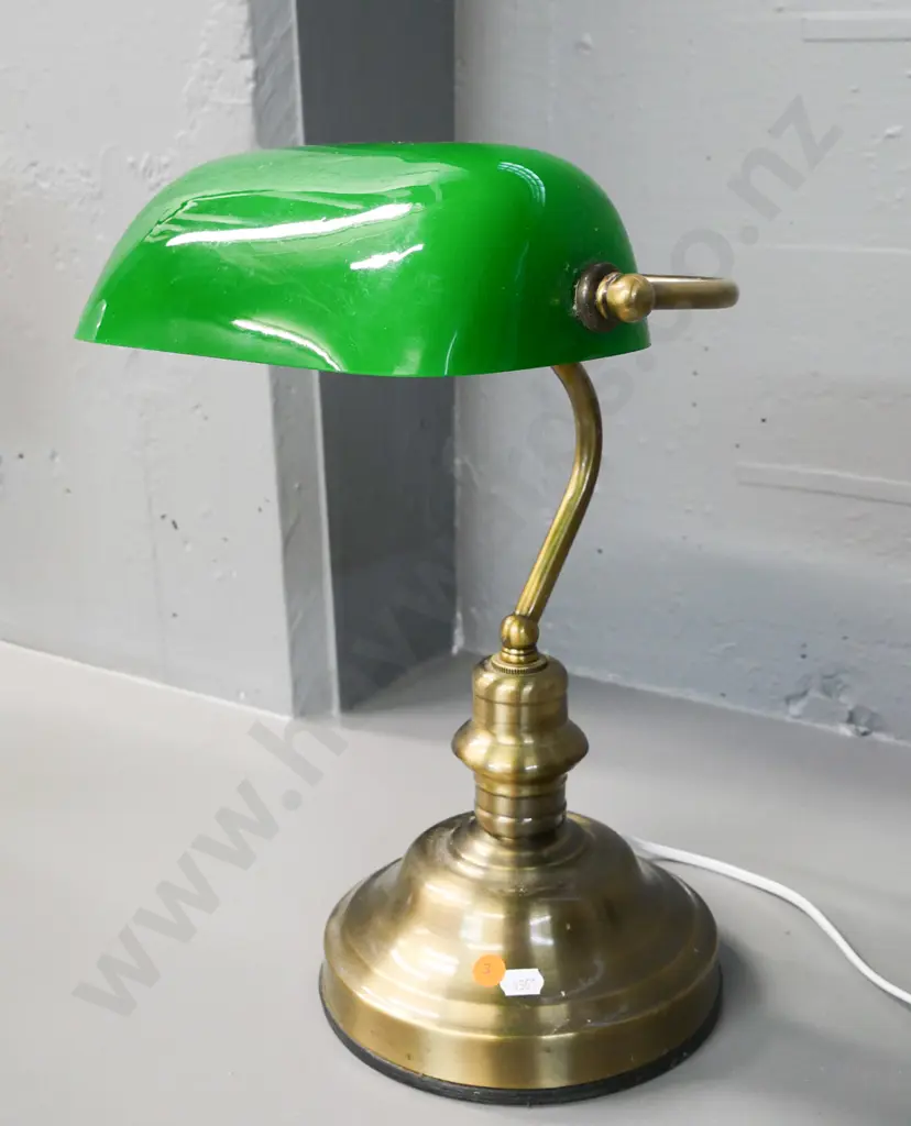 reproduction brass finish banker's lamp with green glass shade H-380 W-260 Image 1++