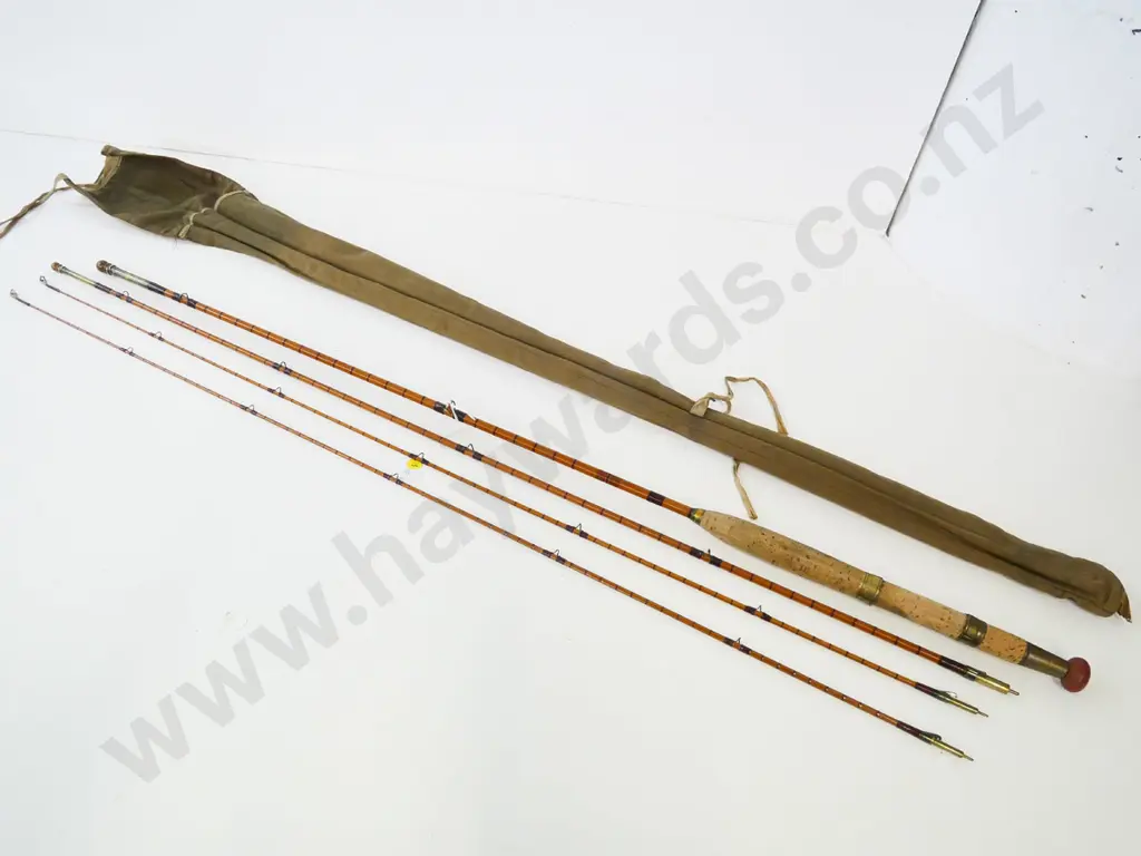4-piece (2 tip sections) split cane fly fishing rod in canvas sleeve - no maker's marks Image 1++