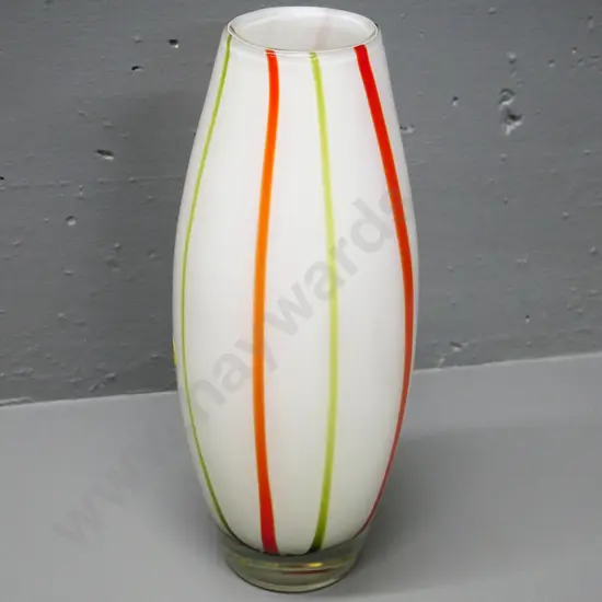 heavy art glass vase - clear base, white with orange and green stripes H-320