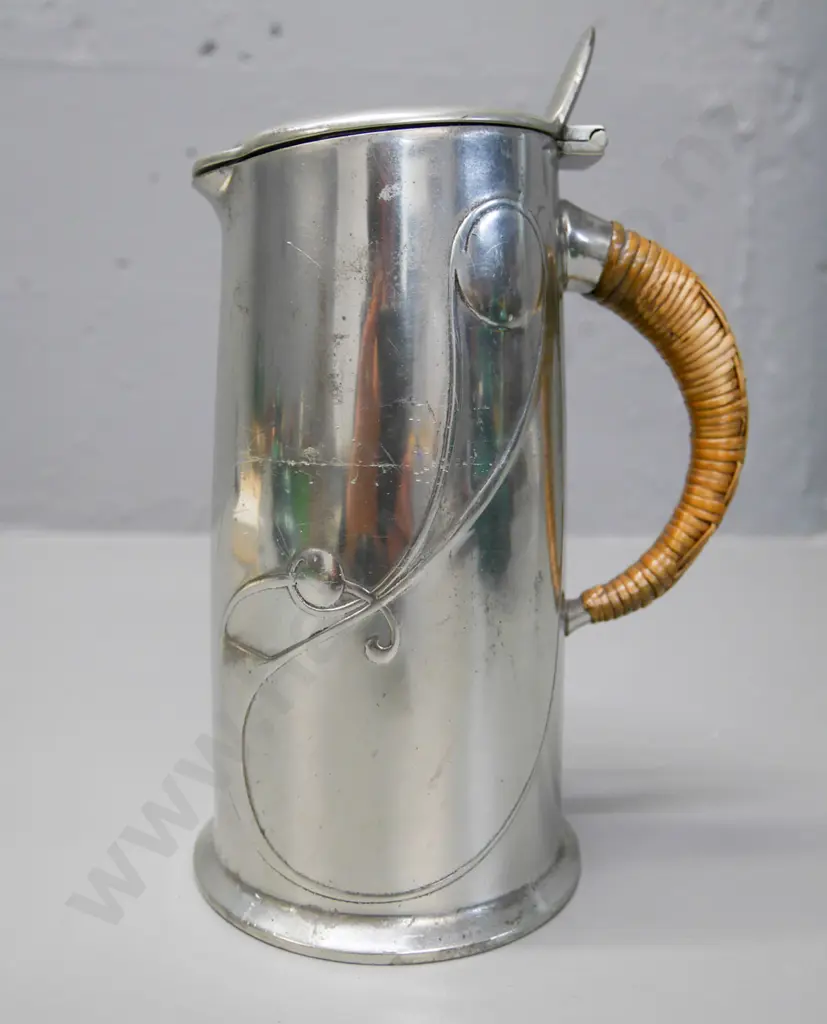 English  Solkets art nouveau pewter lidded jug with cane bound handle H-220 W-130 Image 1++