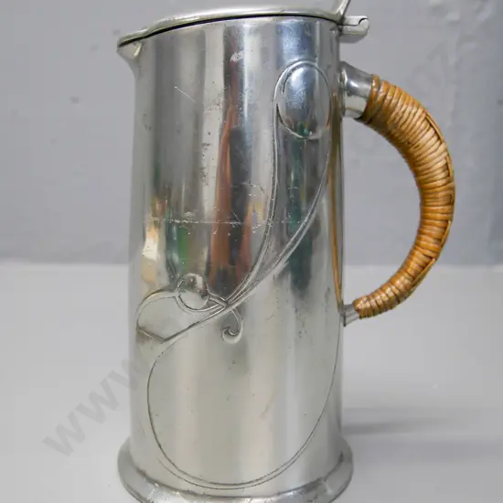 English  Solkets art nouveau pewter lidded jug with cane bound handle H-220 W-130