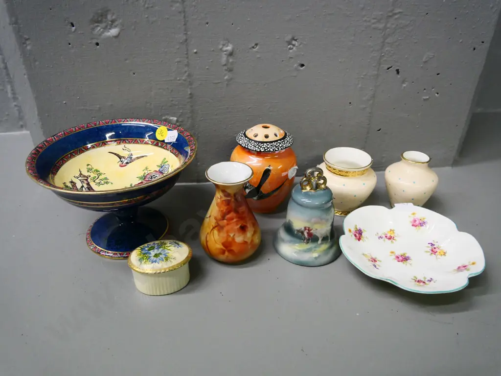assorted fine china items - Royal Bayreuth bell, Royal Winton comport, Shelley dish, small trinket, vases etc. Image 1++