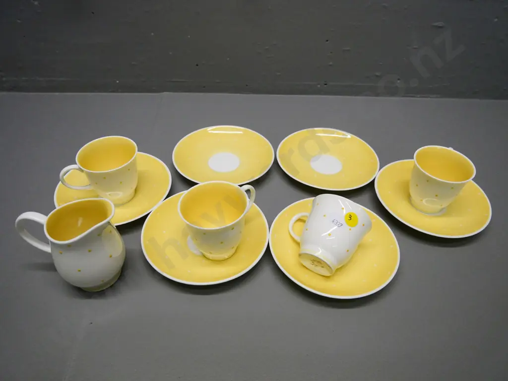 Susie Cooper yellow and white polka dot coffee ware - 4 cups, 6 saucers, cream jug - stains to outside base of 1 cup Image 1++