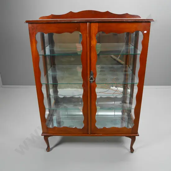 reproduction mahogany china cabinet w/glazed sides, 2 door, 3 adjustable glass shelves, mirrored back, no key H1340 W950