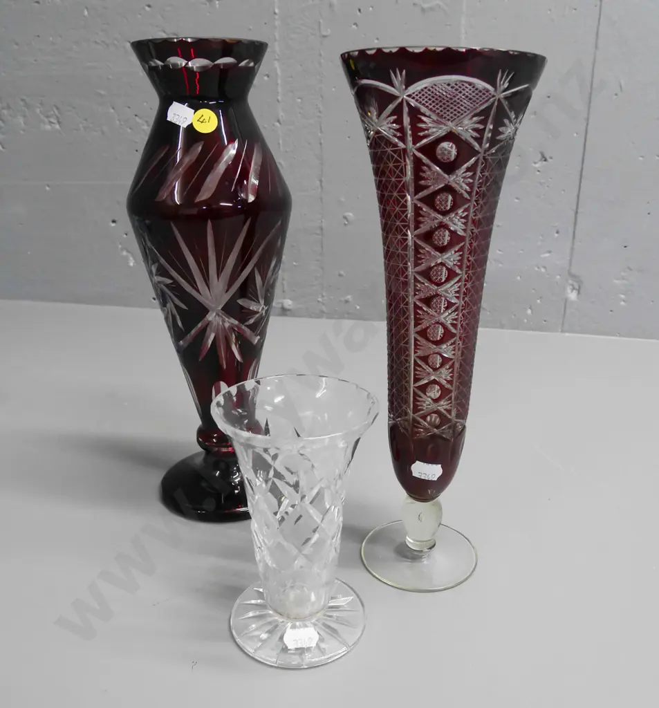 2 ruby cut to clear glass vases and a crystal vase, tallest vase H-300 Image 1++