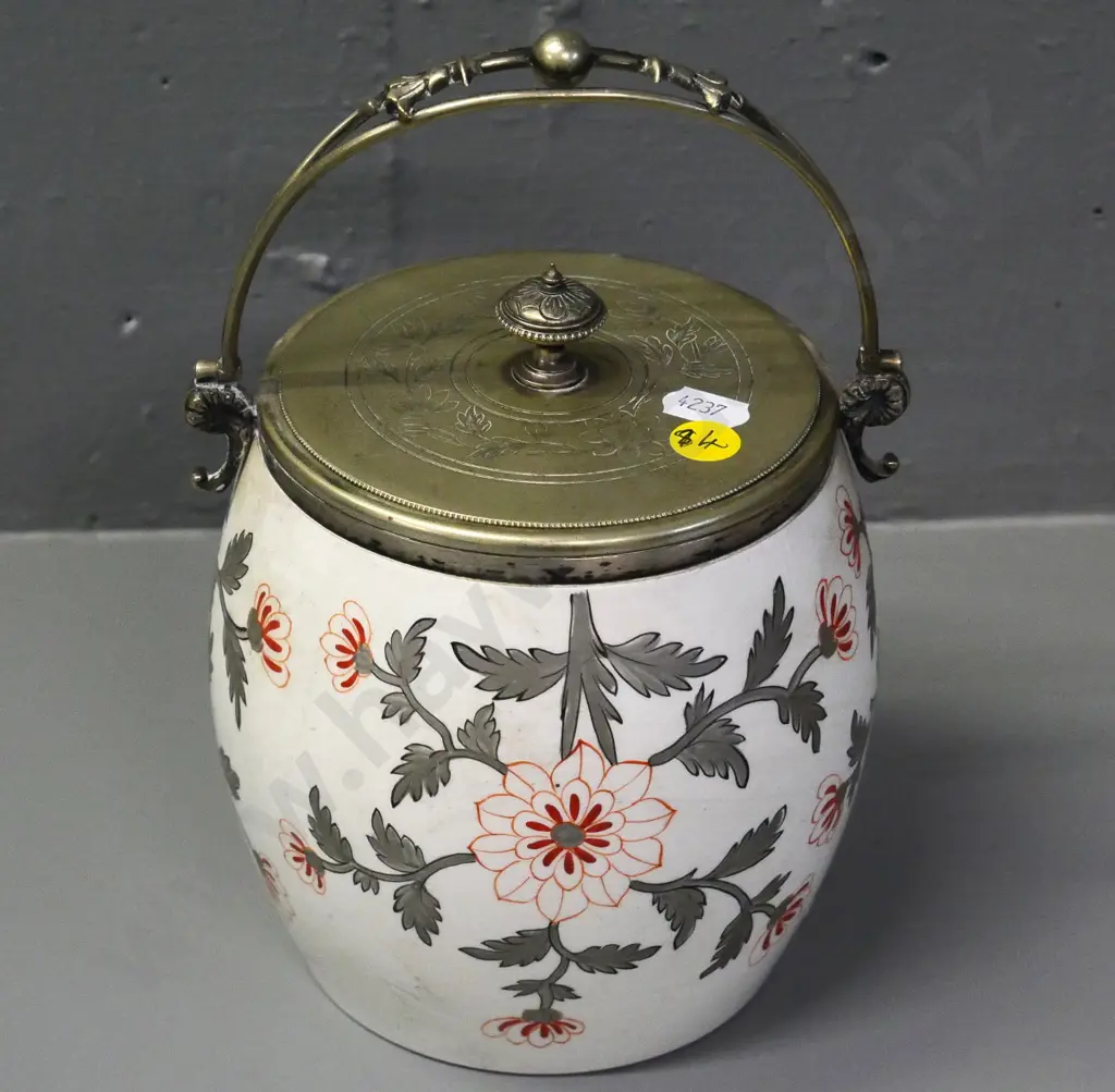floral china biscuit barrel with plated handle and lid - some crazing, wear to plating H-160 Image 1++