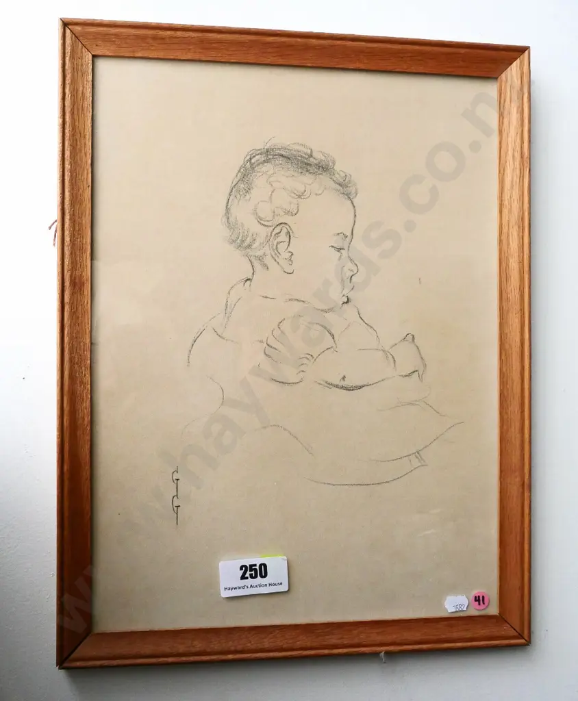 Grete Graetzer - framed pencil - portrait of a baby H-390 W-290 Image 1++