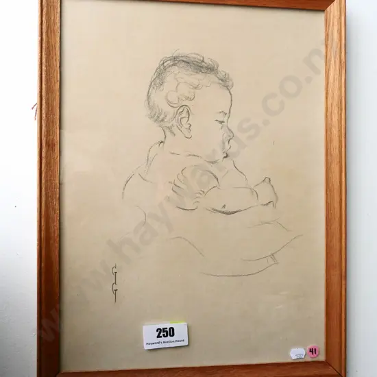 Grete Graetzer - framed pencil - portrait of a baby H-390 W-290