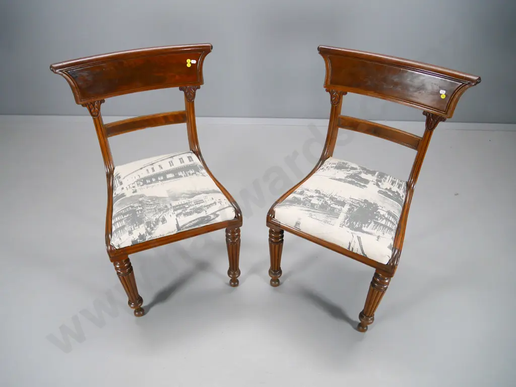 pair of Victorian mahogany dining chairs with carved backs, fluted legs, printed fabric upholstered seats H890 W470 D430 Image 1++