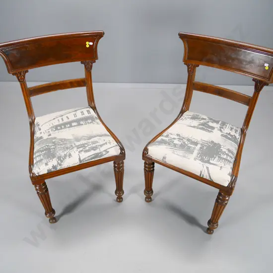 pair of Victorian mahogany dining chairs with carved backs, fluted legs, printed fabric upholstered seats H890 W470 D430