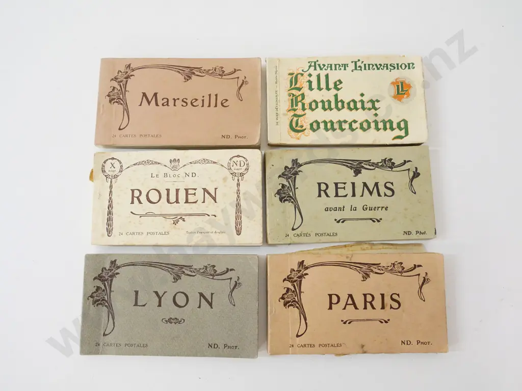 6 vintage French souvenir postcard booklets - Paris, Lyon, Rheims, Rouen, Marseille, Lille Image 1++