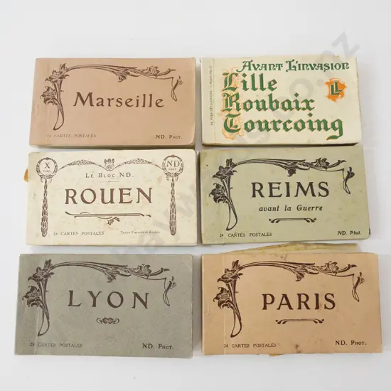 6 vintage French souvenir postcard booklets - Paris, Lyon, Rheims, Rouen, Marseille, Lille