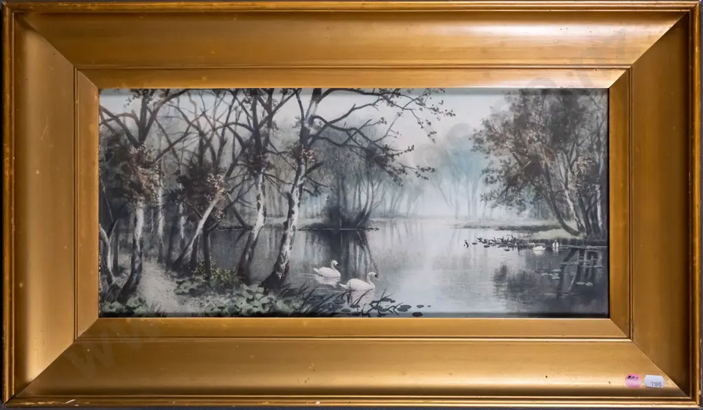 gilt framed vintage print - swans on river H-200 W-450 Image 1++