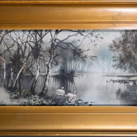 gilt framed vintage print - swans on river H-200 W-450