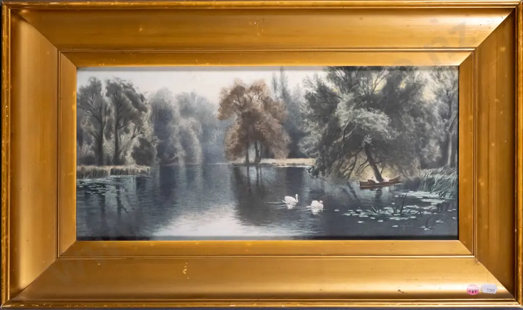 gilt framed vintage print - swans and boaters on river H-200 W-450 Image 1++
