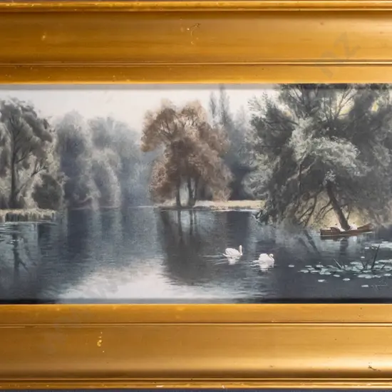 gilt framed vintage print - swans and boaters on river H-200 W-450