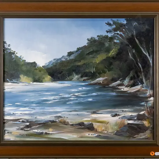 Maurice Buckland 1974 - framed oil "Clutha River at Beaumont" H-400 W-500