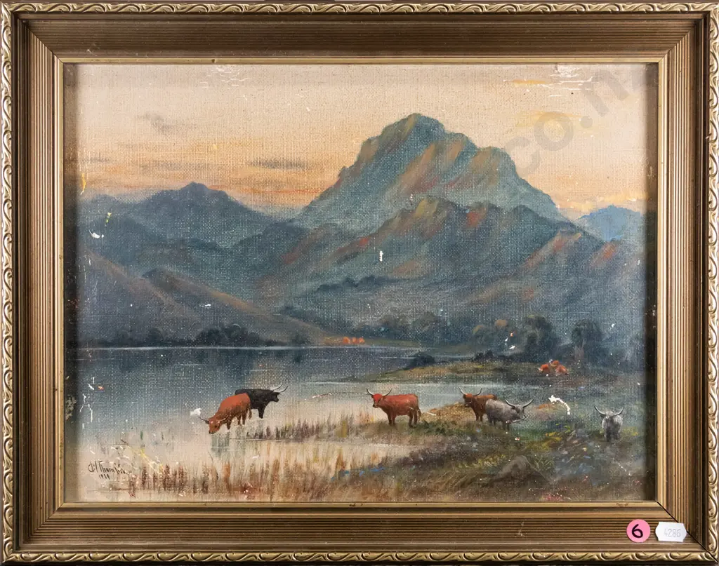 Thompson 1919 - framed oil - cattle grazing by lake - damage  H-260 W-350 Image 1++