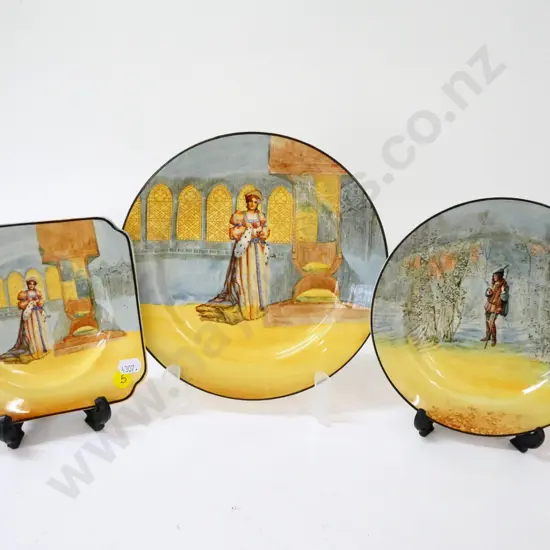 3 Royal Doulton Shakespeare plates - Katherine x 2, larger is D-210, and Rosalyn