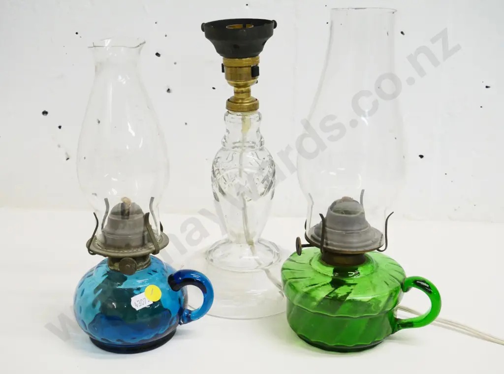 2 glass-based kerosene lamps - green H-270, blue w/chipped funnel - and a cut crystal lamp base, no shade Image 1++