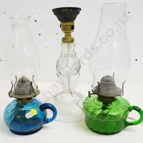 2 glass-based kerosene lamps - green H-270, blue w/chipped funnel - and a cut crystal lamp base, no shade