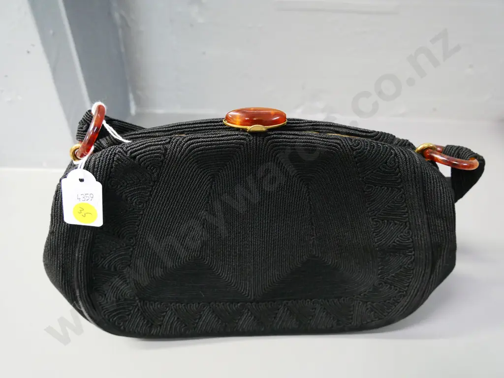 Corde England black textured fabric & faux tortoise shell evening bag Image 1++