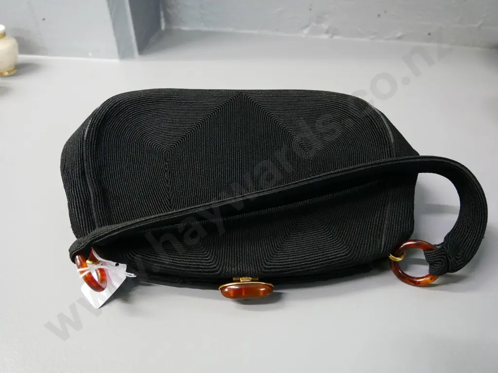 Corde England black textured fabric & faux tortoise shell evening bag Image 1++